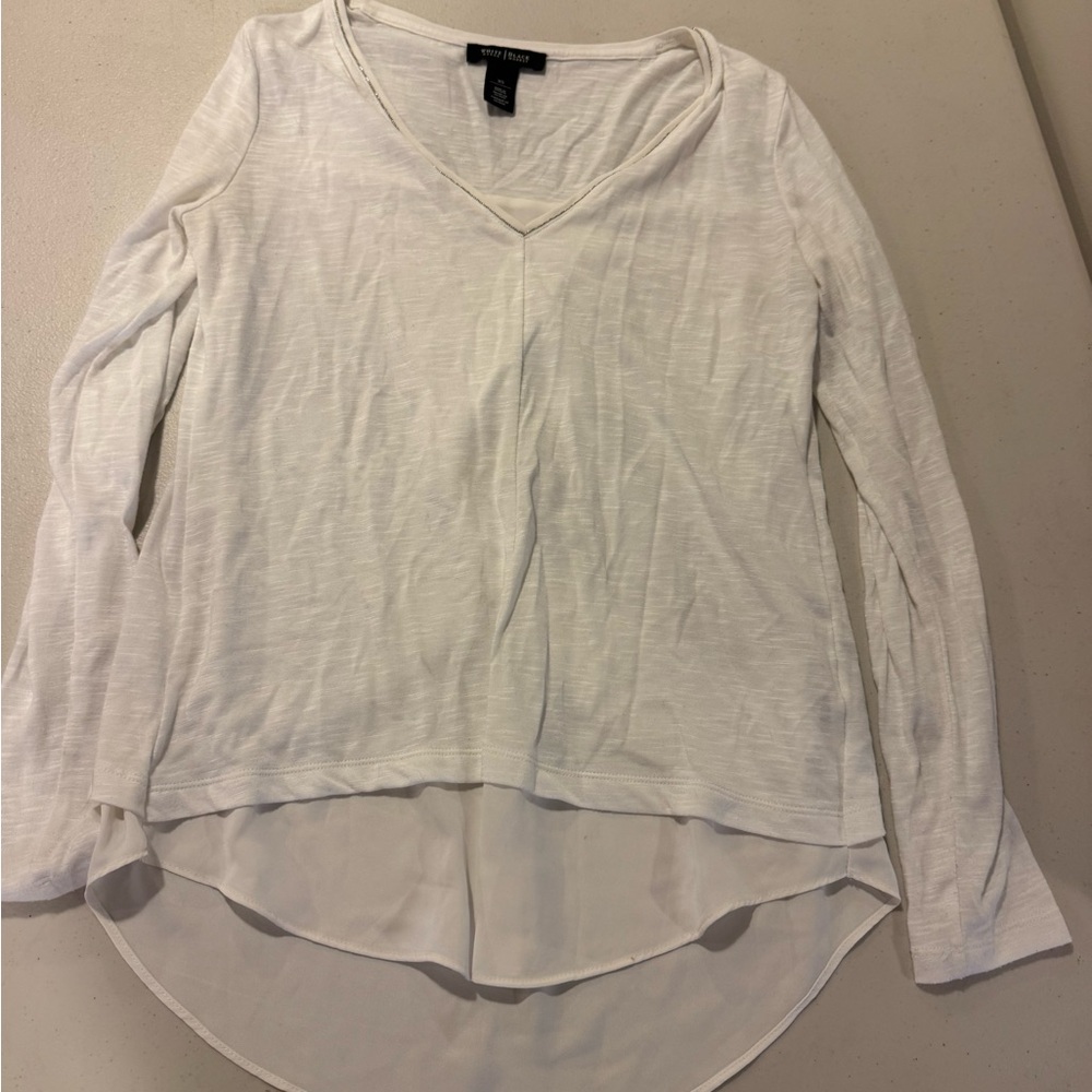 White House Black Market Cream Long Sleeve V-Neck Top